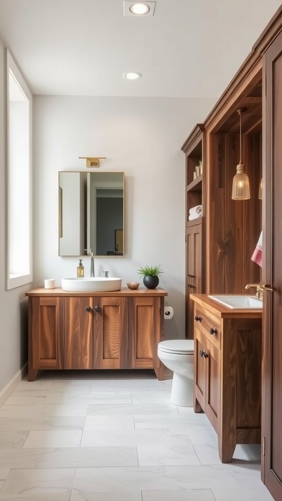 A modern bathroom featuring reclaimed wood cabinetry, a white sink, and stylish modern accents.