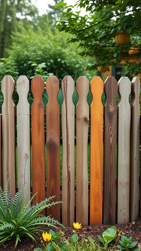 A colorful reclaimed wood fence with various shades and textures, surrounded by plants in a backyard.