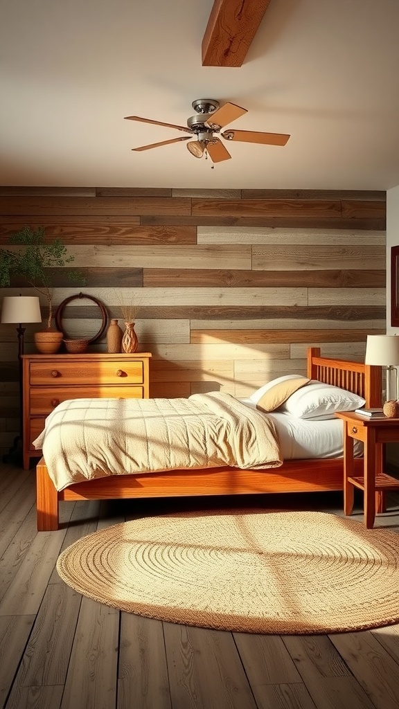 A rustic bedroom featuring reclaimed wood furniture, including a wooden bed, dresser, and nightstand with a woven rug.
