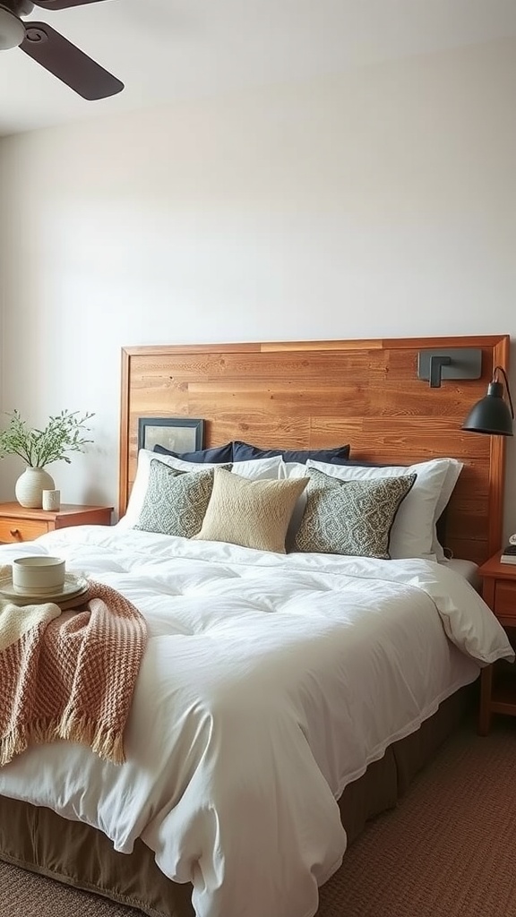 A cozy bedroom featuring a reclaimed wood headboard with pillows and soft bedding