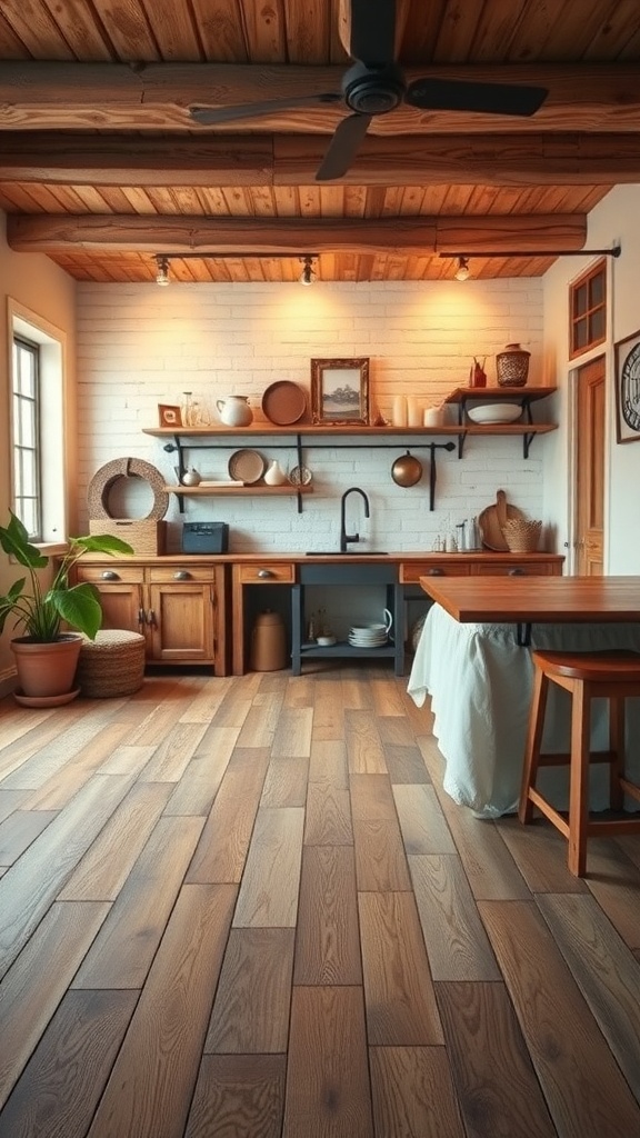 A rustic kitchen featuring reclaimed wood planks as flooring, wooden cabinets, and open shelving with warm lighting.