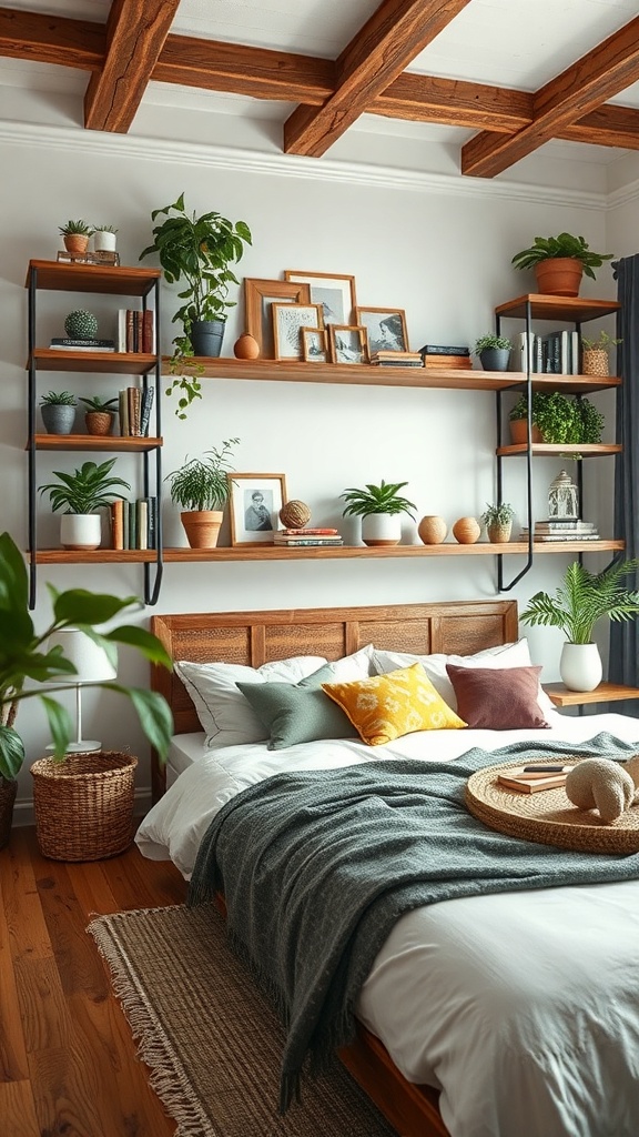 A cozy bedroom featuring reclaimed wood shelves filled with plants and decorative items.