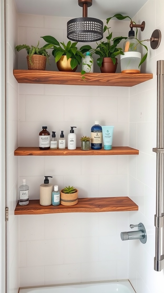 Wooden shelving in a rustic shower, displaying bath products and plants.