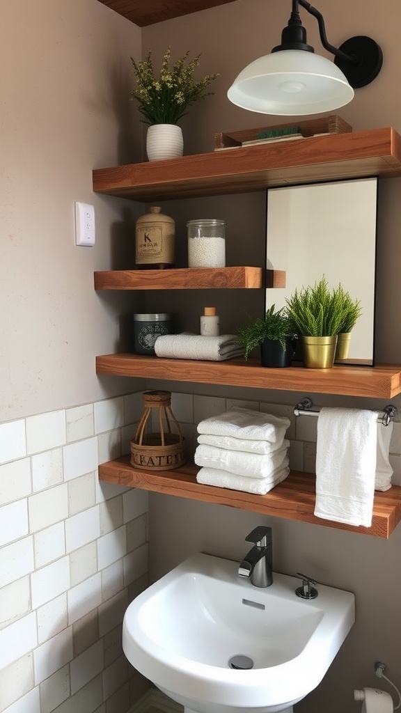 Rustic bathroom with reclaimed wood shelving and decorative items