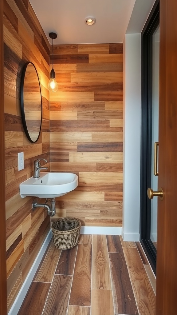 A small bathroom featuring reclaimed wood tiles on the floor and wall, with a modern sink and warm lighting.