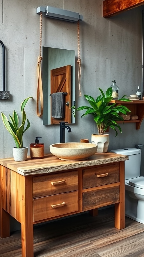 A rustic bathroom with a reclaimed wood vanity, round bowl sink, plants, and modern fixtures.