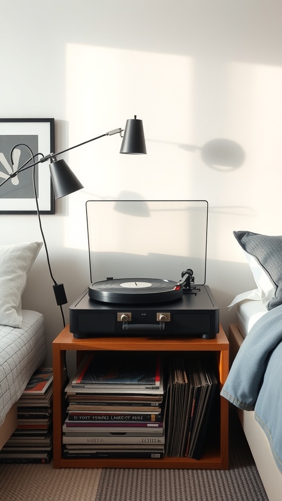 A stylish record player station with a turntable on a wooden stand, surrounded by vinyl records and a lamp.