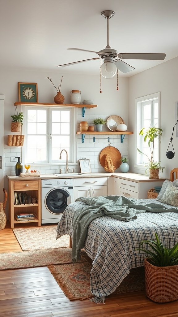 Cozy kitchen with recycled materials and plants, featuring wooden shelves and a warm color palette.