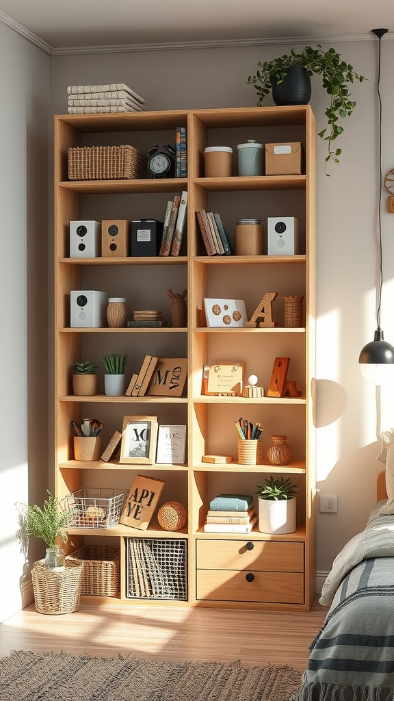 A well-organized shelving unit displaying books, plants, and decorative items.
