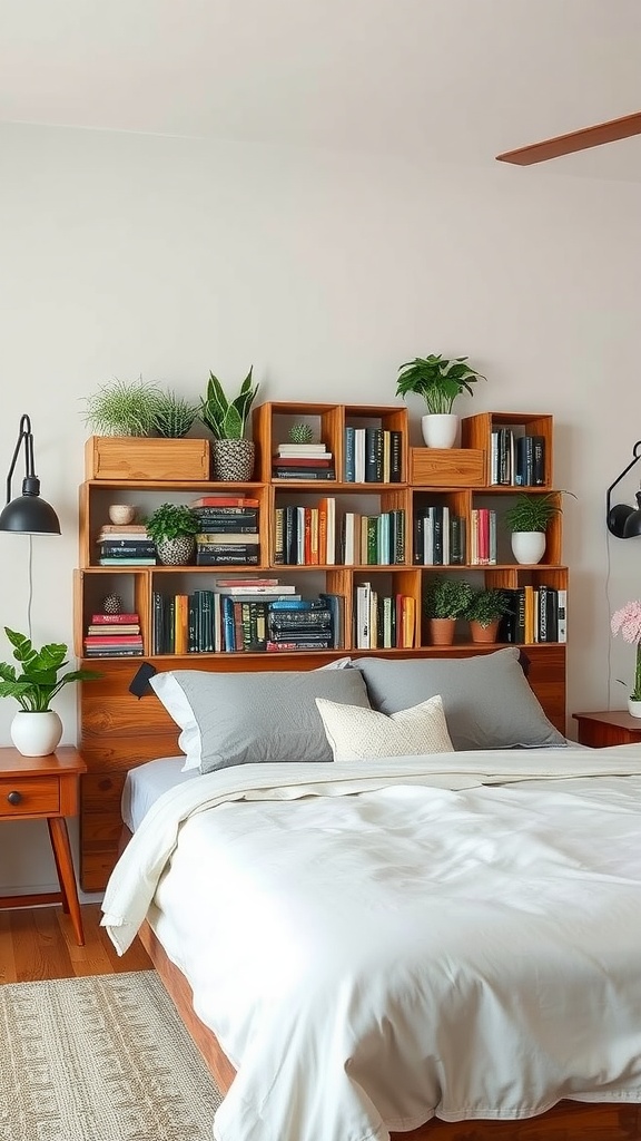 A cozy bedroom with a headboard made from recycled crates, housing books and plants.