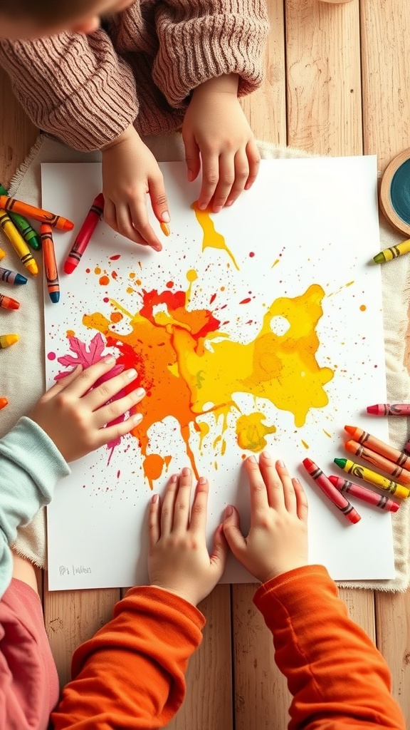 Children's hands engaging in crayon art, surrounded by colorful crayons and vibrant splatters of paint.