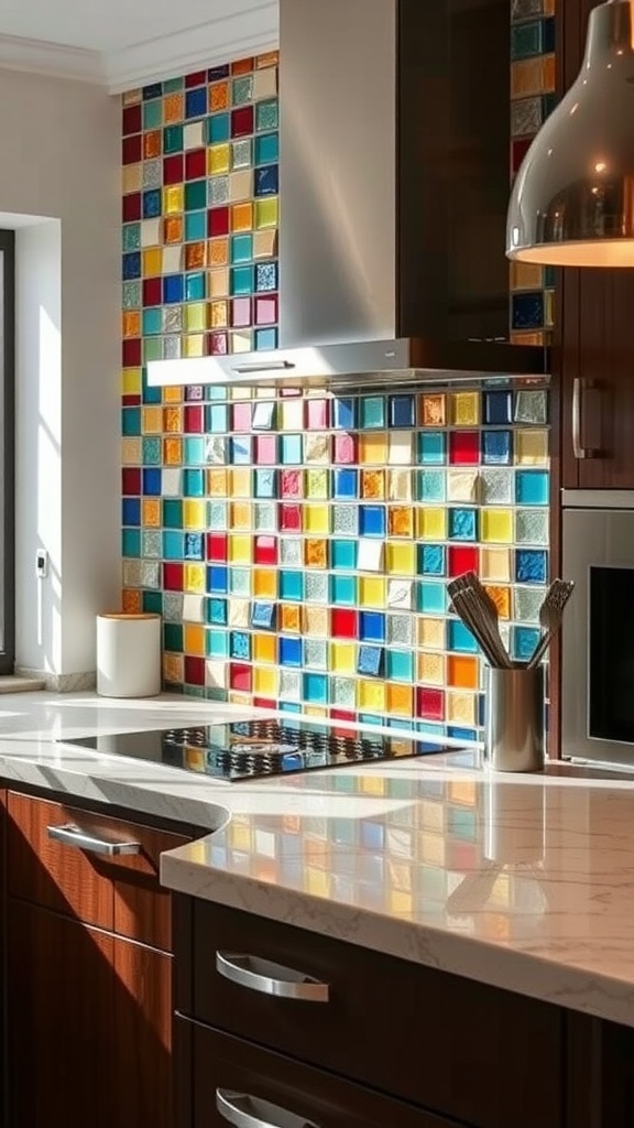 Colorful recycled glass backsplash in a modern kitchen