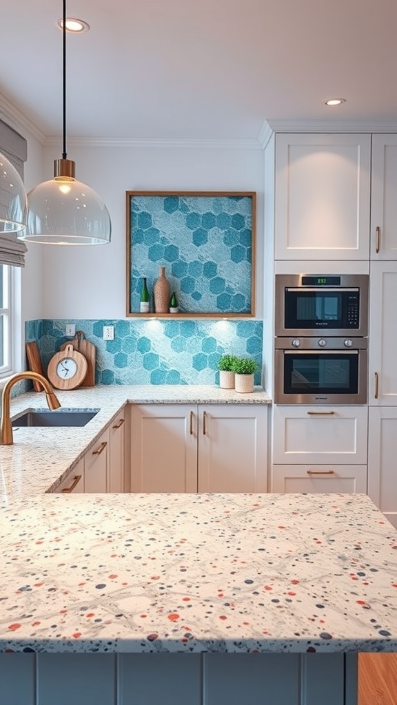 A modern kitchen featuring a recycled glass countertop with colorful specks, light cabinetry, and a blue tiled backsplash.