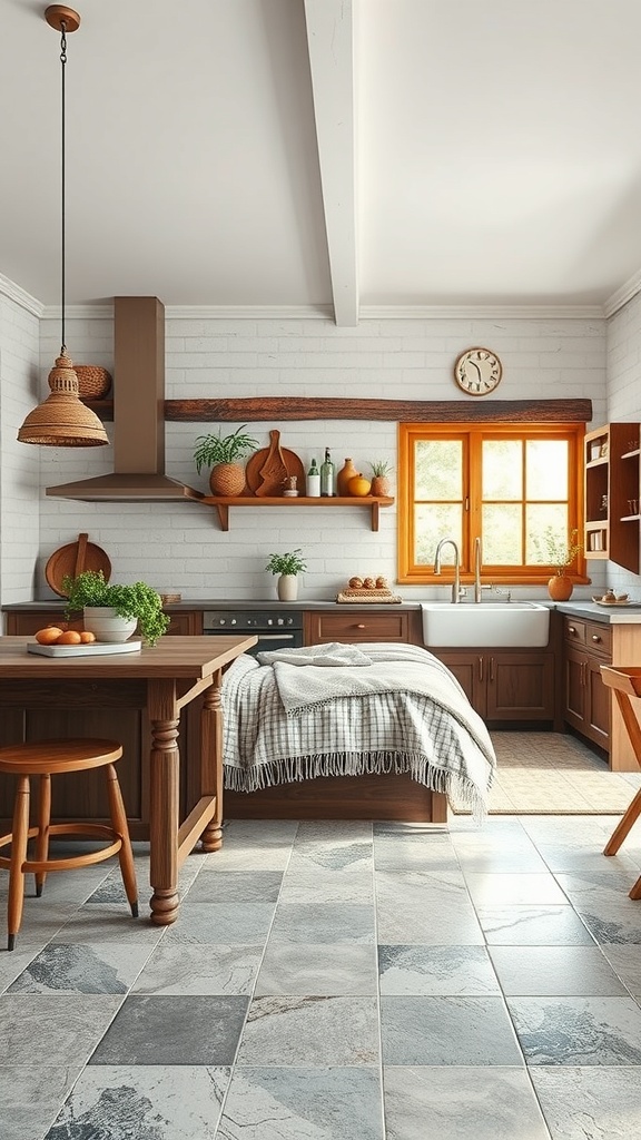A rustic kitchen featuring wooden cabinets and recycled glass tile flooring in gray tones.