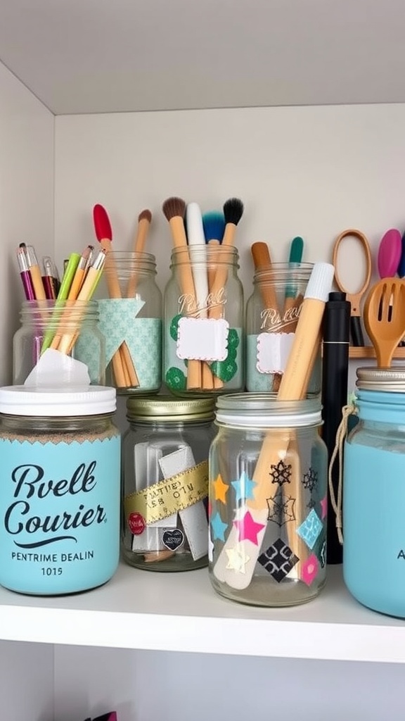 A shelf displaying colorful recycled jars used as organizers for craft supplies, including brushes and pens.