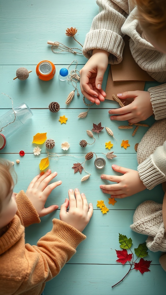 Two toddlers crafting with recycled materials and natural items on a blue table.