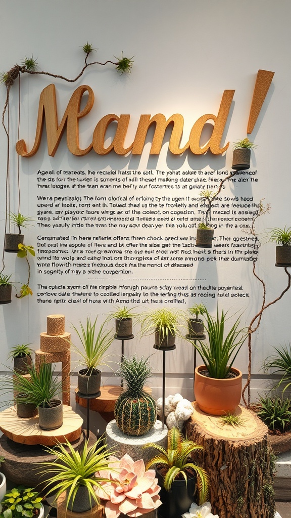 A display of air plants arranged in various recycled materials, including jars and wooden pieces.