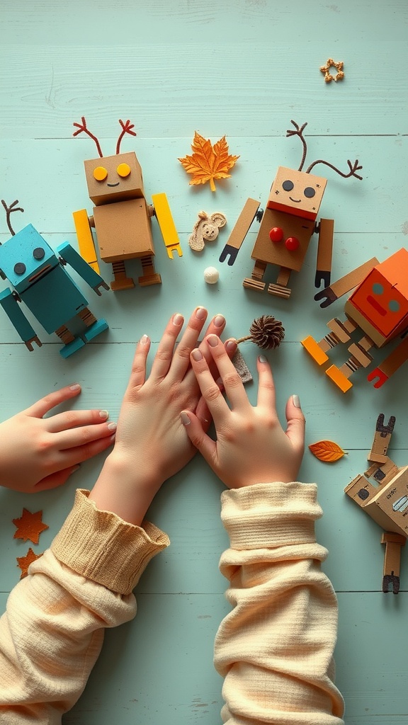 Hands assembling colorful robots made from recycled materials on a light blue table with decorative leaves.