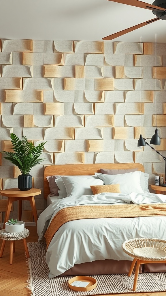 A cozy bedroom featuring a 3D wall panel made of light wood and textured materials, complemented by natural decor and cozy bedding.