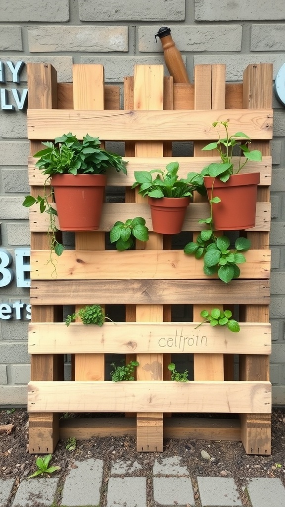 Vertical herb garden made from a recycled wooden pallet with potted plants.