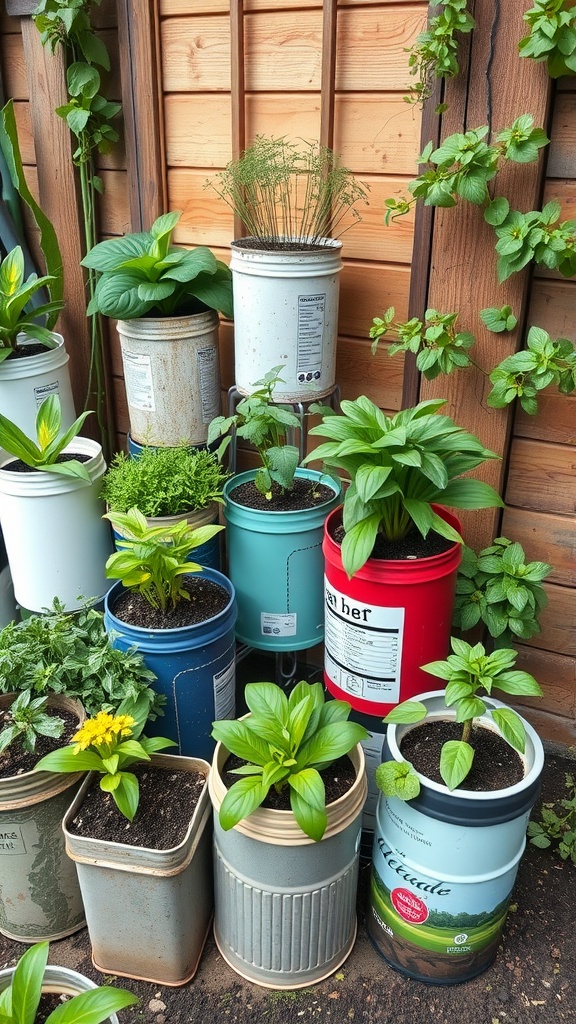 A collection of various recycled containers filled with herbs in a small courtyard garden.
