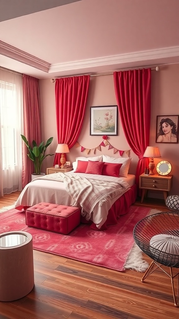 A cozy bedroom decorated with red and pink curtains, bedding, and accents, creating a romantic atmosphere for Valentine's Day.