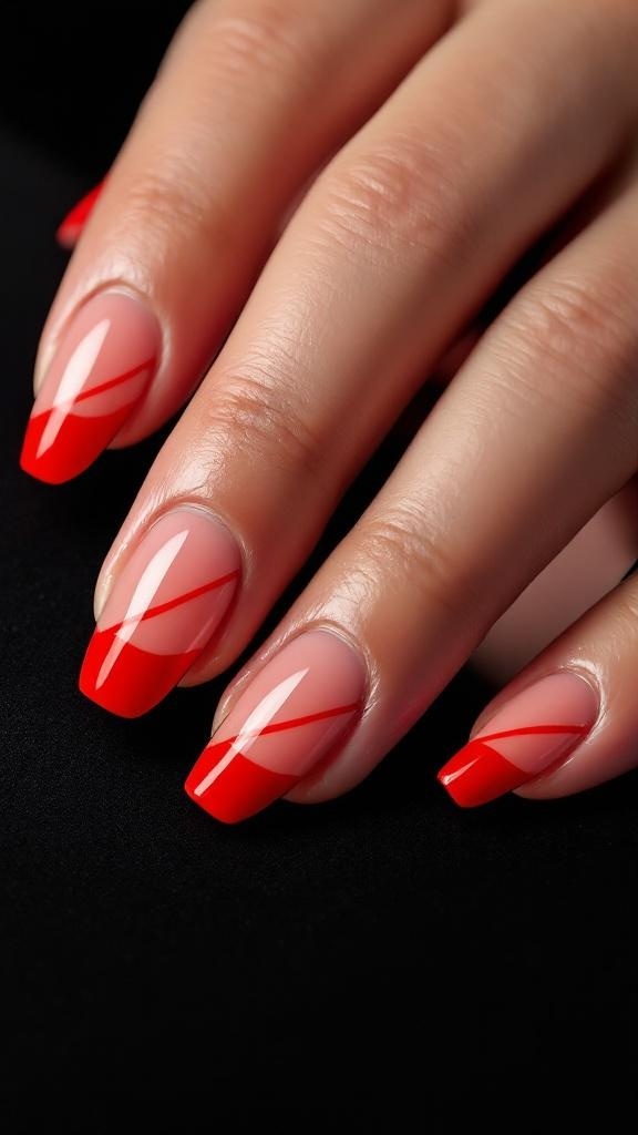 Close-up of hands with red French tip nails and rings
