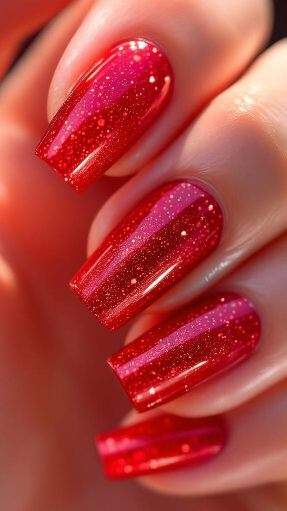 A close-up of hands with red glitter gradient nails, featuring a soft nude base and sparkling red tips, adorned with delicate rings.
