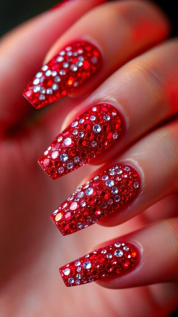 Close-up of hands with red nails featuring rhinestone details and silver rings