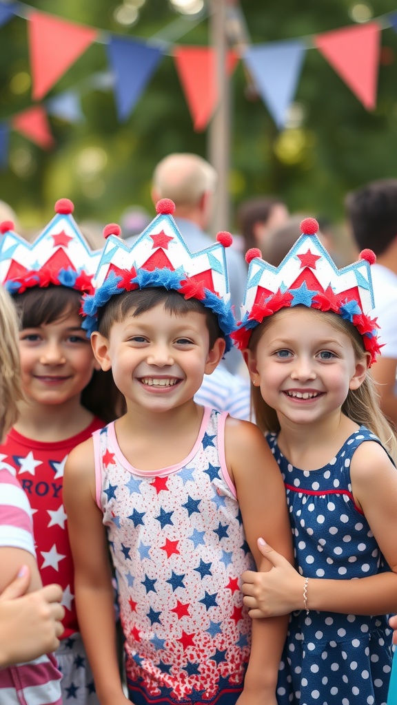 Kids wearing red, white, and blue crowns smiling at the camera