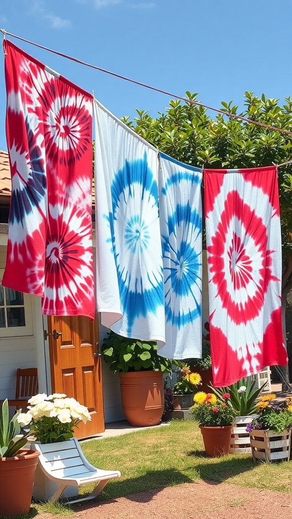 Colorful red, white, and blue tie-dye fabrics hanging outside.