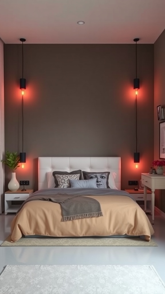 A modern bedroom with redstone powered lighting, featuring a cozy bed and stylish decor.