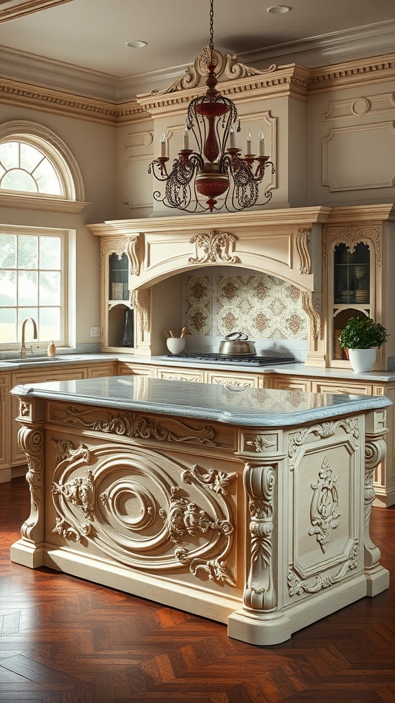 Ornate Victorian kitchen island with detailed carvings and a polished surface