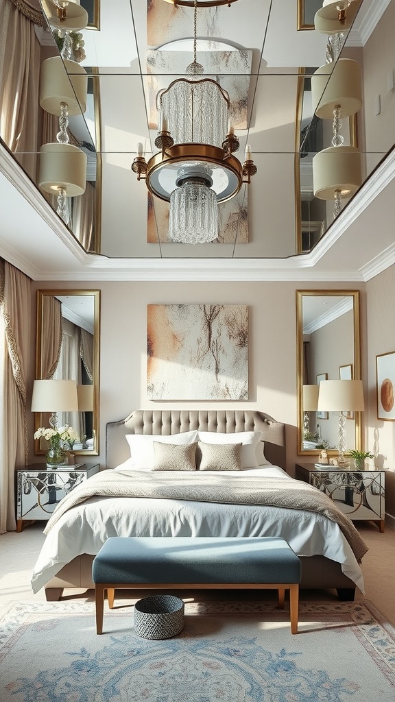 A luxurious bedroom featuring a mirror ceiling and elegant decor.
