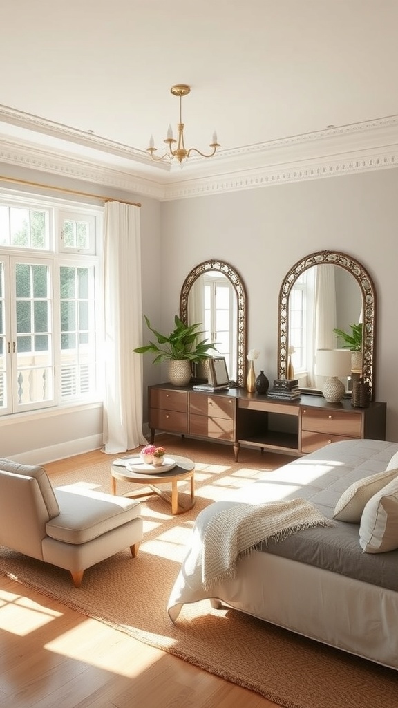 A bright living room featuring three decorative mirrors, large windows, and a cozy seating area.