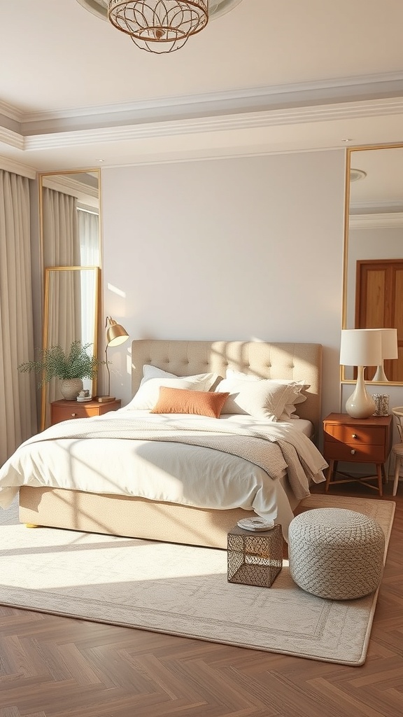 A cozy bedroom featuring a bed, decorative pillows, a rug, and mirrors reflecting light.