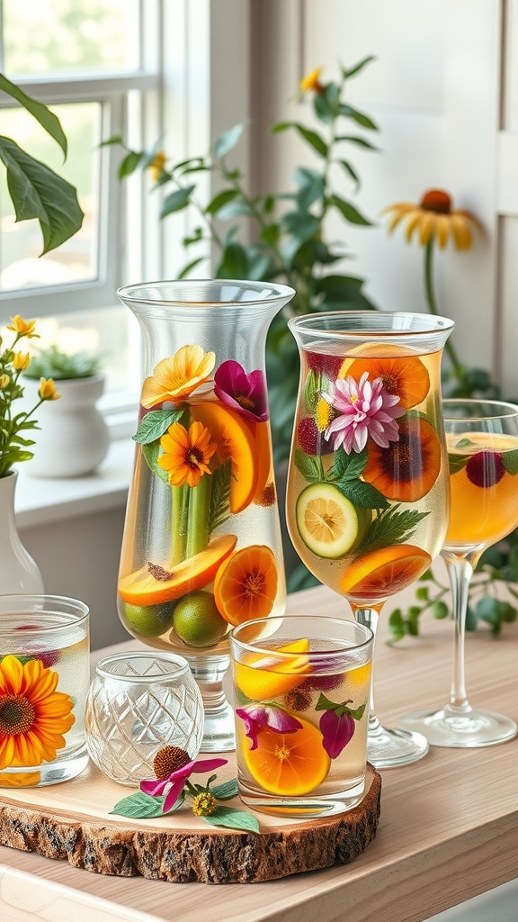 A variety of floral-infused beverages in clear glasses, featuring vibrant fruits and flowers, arranged on a wooden table with plants in the background.