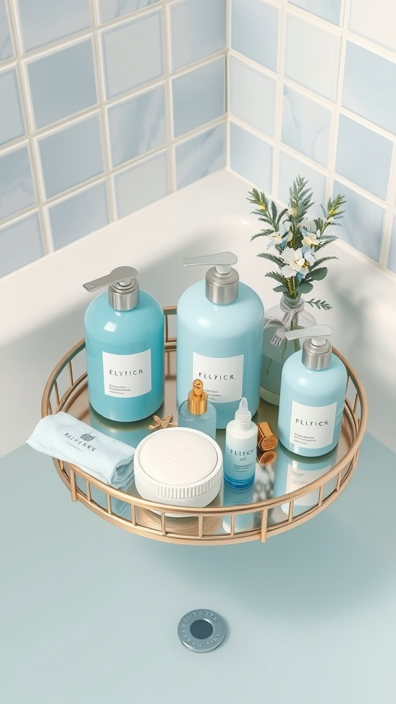 A stylish arrangement of blue bathing products on a gold tray in a serene bathroom setting.