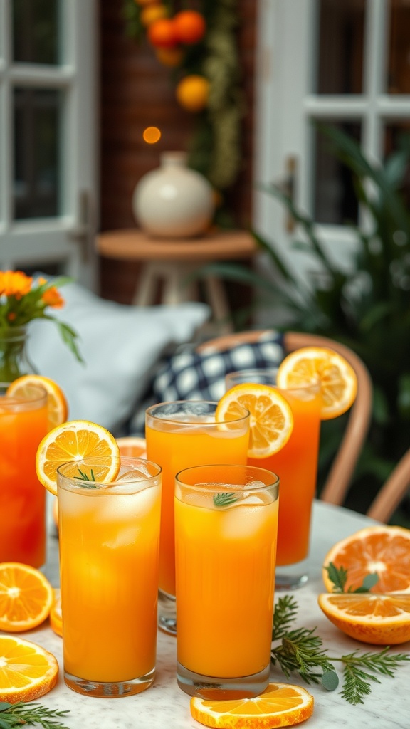 Colorful citrus mocktails with orange slices and mint leaves on a table.