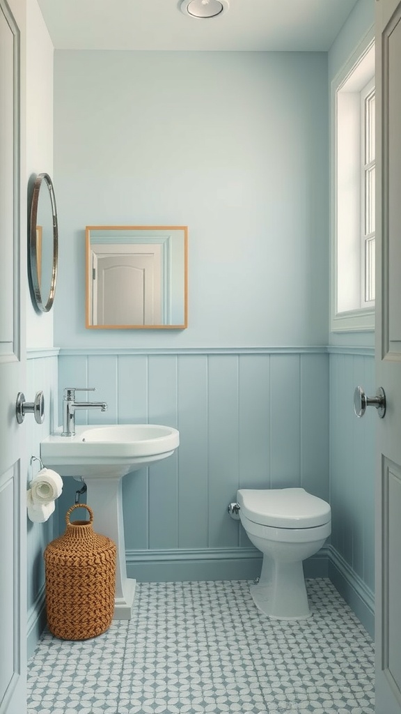 A serene bathroom featuring light blue walls, a white sink, and a stylish mirror.