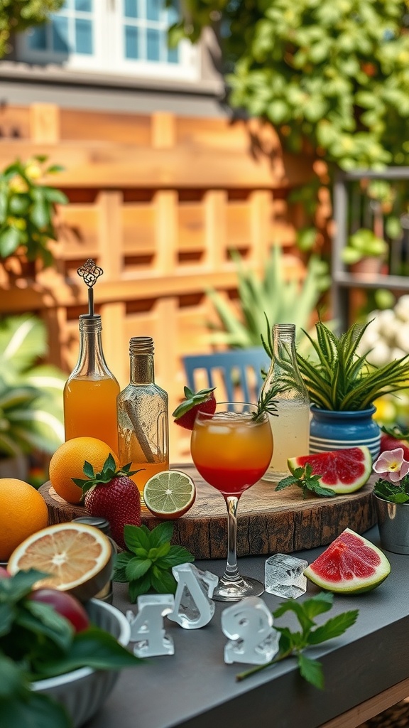 A vibrant mocktail bar setup with assorted fruits, drinks, and ice cubes, perfect for a summer baby shower.
