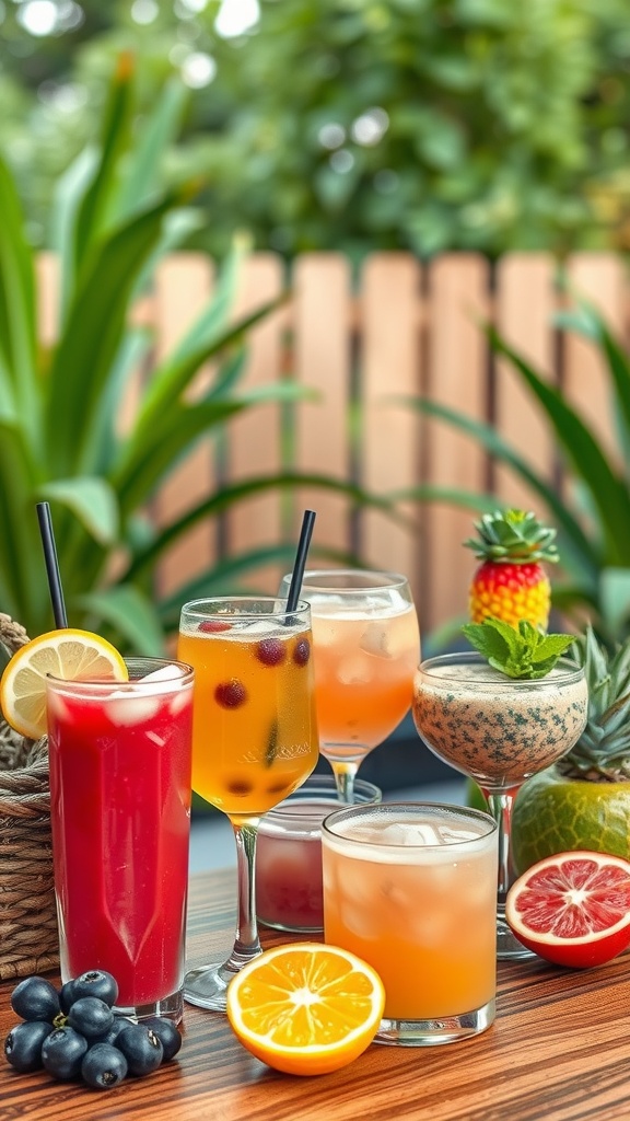 A variety of colorful non-alcoholic drinks displayed on a table, surrounded by fresh fruits.