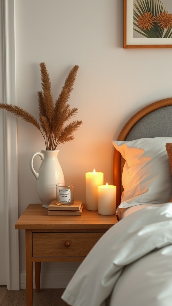 A cozy bedroom scene featuring glowing candles on a bedside table, with a pitcher and books.