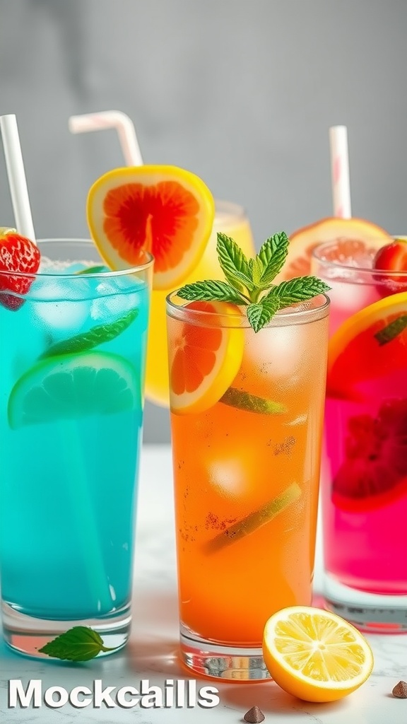 Colorful summer mocktails in glasses with fresh fruit garnishes.