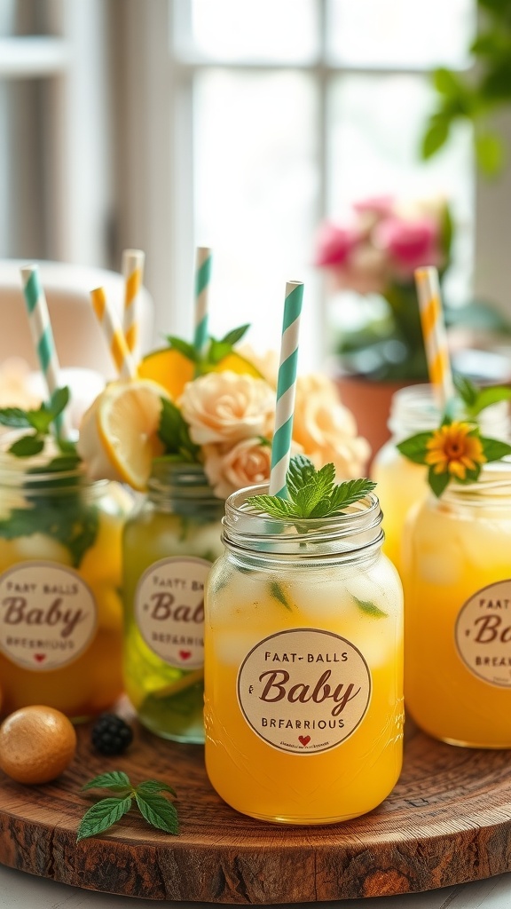 Colorful themed beverages in mason jars with straws, decorated with fruits and flowers.