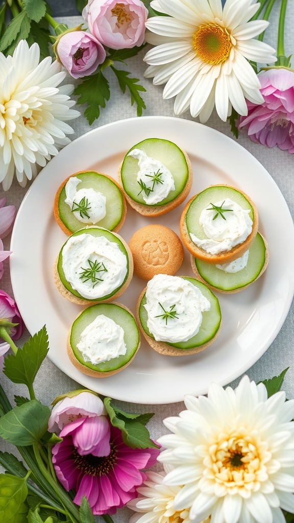 A plate of cucumber sandwiches surrounded by colorful flowers.