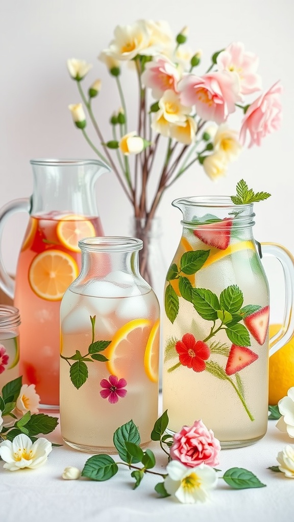 A selection of refreshing beverages in pitchers, decorated with fruits and flowers, perfect for a spring baby shower.