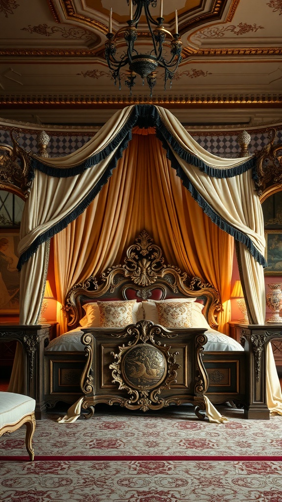 A regal canopy bed with ornate details, draped fabric, and warm lighting, representing luxury bedroom design.