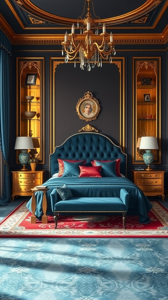 A luxurious bedroom featuring deep blue walls, golden accents, and plush bedding with red pillows.