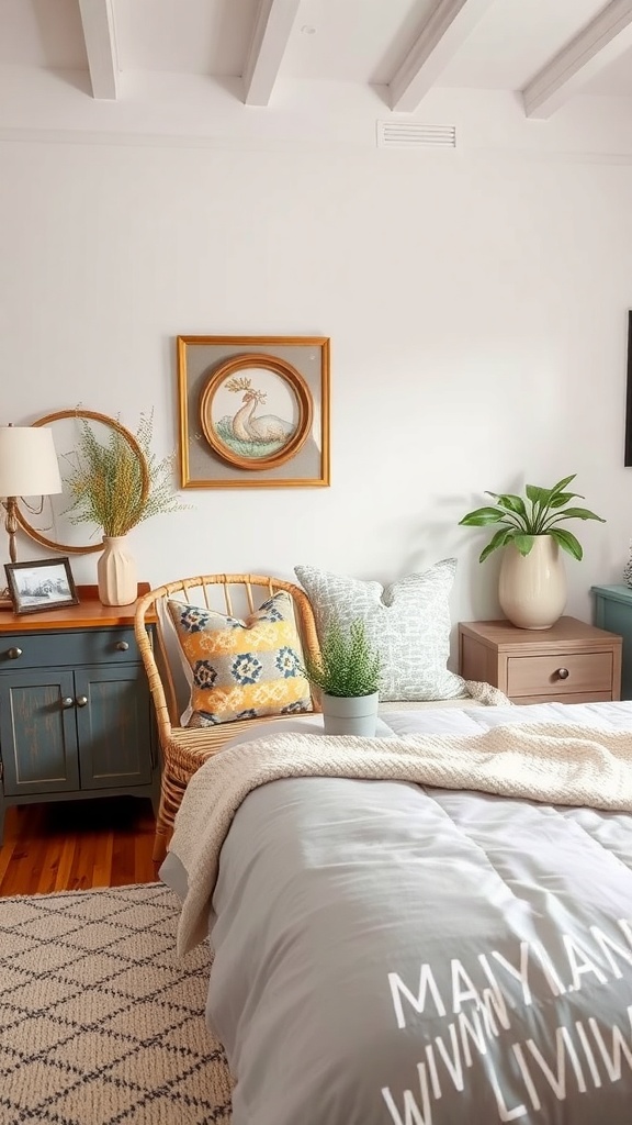 A cozy bedroom featuring thrifted furniture, including a rattan chair, a blue nightstand, and a bed with soft bedding.